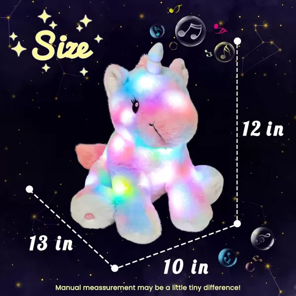 Hopearl LED Musical Stuffed Unicorn Colorful Lighting Up Singing Plush Toy Adjustable Volume Lullaby Animated Soothe Birthday Gifts for Kids Toddler Girls Rainbow 12