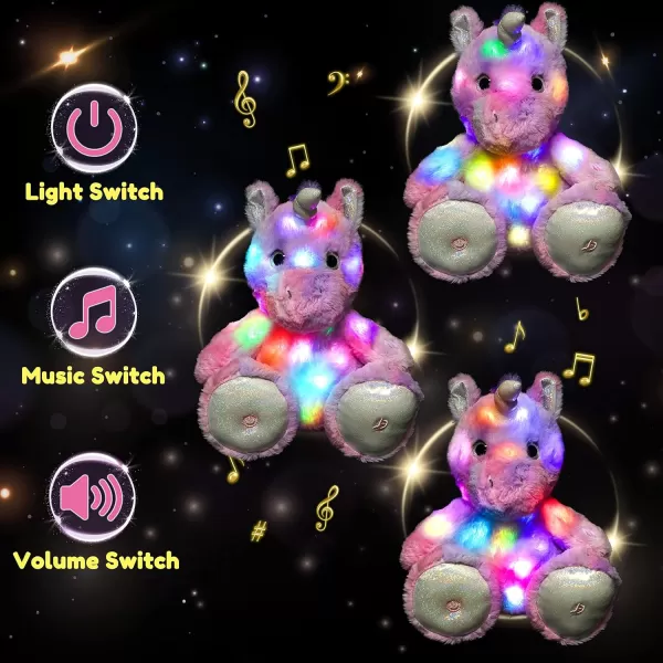 Hopearl LED Musical Stuffed Unicorn Lighting Up Singing Plush Toy Adjustable Volume Lullaby Animated Soothe Birthday Gifts for Kids Toddler Girls Purple 12