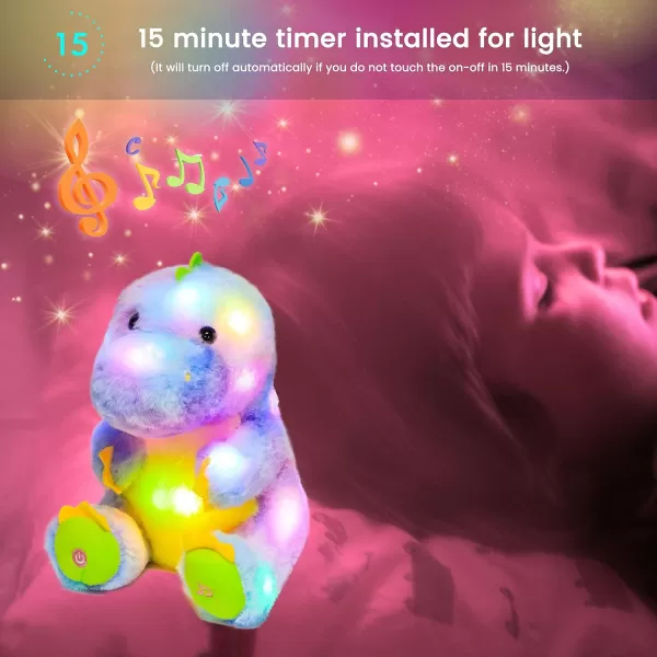 Hopearl LED Musical TRex Colorful Stuffed Girly Dinosaur Lighting Up Singing Plush Toy Adjustable Volume Lullaby Animated Soothe Birthday Festival for Kids Toddlers Rainbow 105