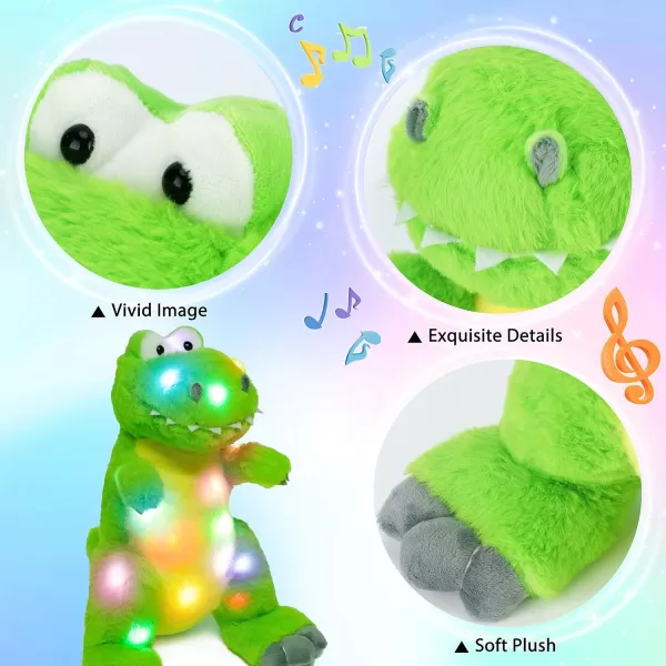 Hopearl LED Musical TRex Stuffed Dinosaur Lighting Up Singing Plush Toy Adjustable Volume Lullaby Animated Soothe Birthday Festival for Kids Toddler Girls Green 125