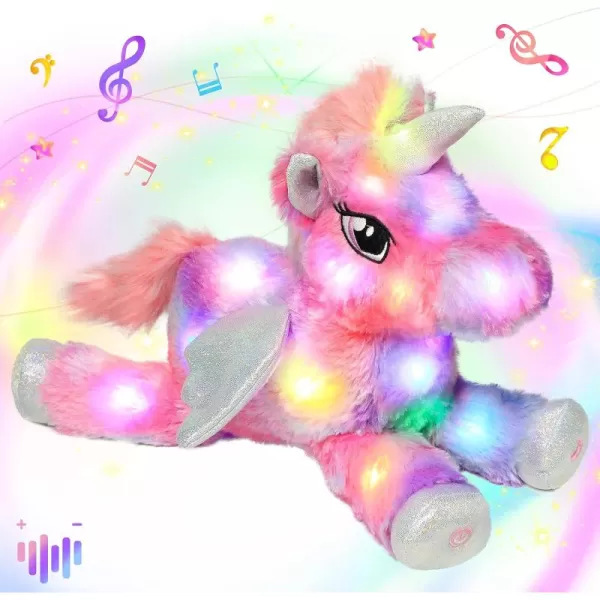 Hopearl Colorful LED Musical Stuffed Unicorn Lighting Up Singing Plush Toy Adjustable Volume Lullaby Animated Soothe Birthday Festival for Kids Toddler Girls Rainbow 16