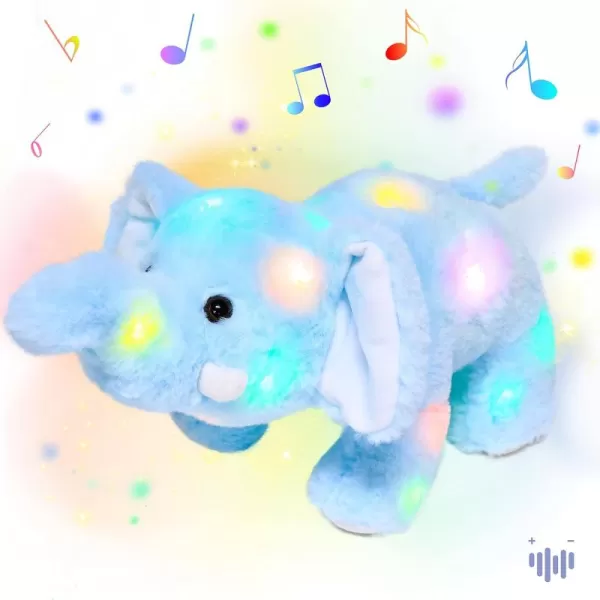 Hopearl LED Musical Plush Elephant Lighting Up Stuffed Animal Elephish Floppy Night Lights Glow in The Dark Birthday Festival for Kids Toddlers Blue 15