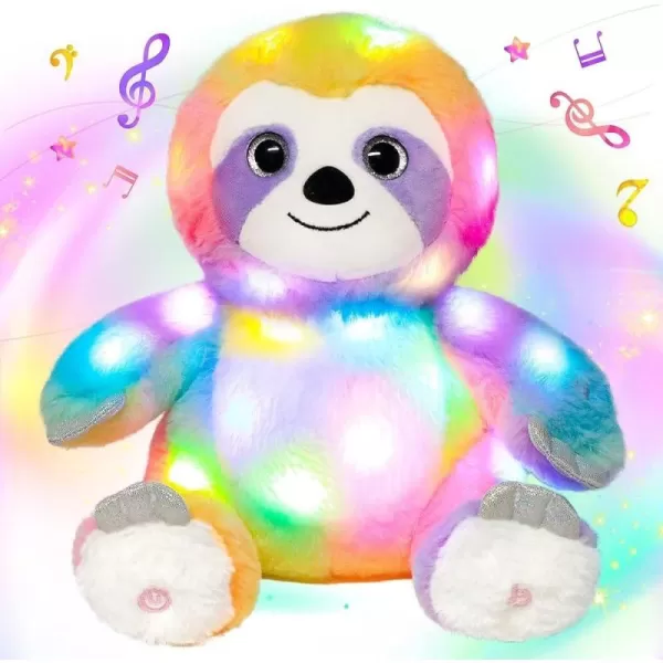 Hopearl LED Musical Sloth Colorful Stuffed Animal Lighting Up Singing Plush Toy Three Toed Sloth Adjustable Volume Lullaby Animated Soothe Birthday Gifts for Kids Toddlers Rainbow 10