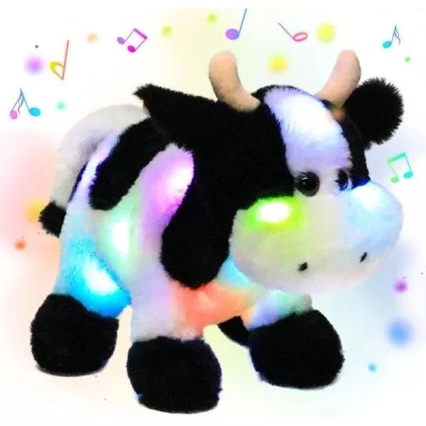 Hopearl LED Musical Stuffed Cow Lighting Up Singing Plush Toy Adjustable Volume Lullaby Animated Soothe Birthday Festival for Kids Toddler Girls 12