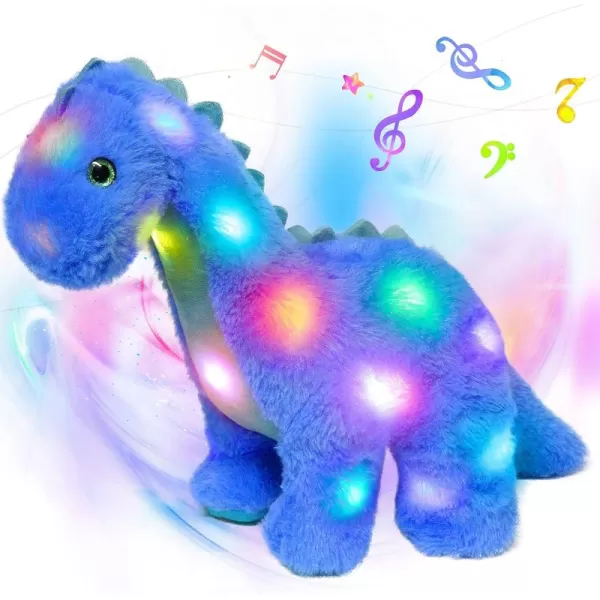 Hopearl LED Musical Stuffed Dinosaur Lighting Up Singing Diplodocus Soft Plush Toy with Long Neck Adjustable Volume Lullaby Animated Soothe Gifts for Kids Toddlers Blue 16