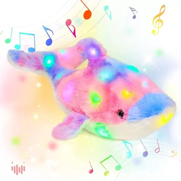 Hopearl LED Musical Stuffed Dolphin Lighting Up Singing Plush Toy Adjustable Volume Lullaby Animated Soothe Birthday Festival for Kids Toddler Girls Rainbow 145