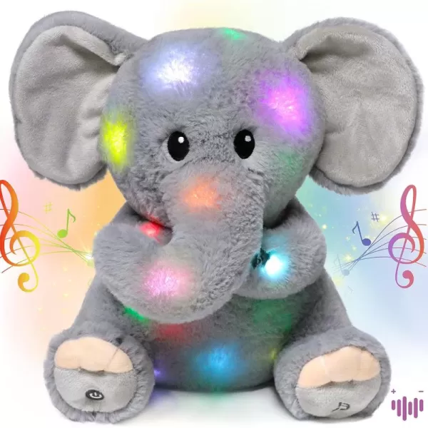 Hopearl LED Musical Stuffed Elephant Lighting Up Singing Plush Toy Adjustable Volume Lullaby Animated Soothe Birthday Festival for Kids Toddler Girls Gray 11