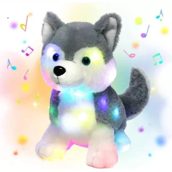 Hopearl LED Musical Stuffed Husky Lighting Up Singing Plush Dog Adjustable Volume Lullaby Animated Soothe Birthday Gifts for Kids Boys Girls Gray 12