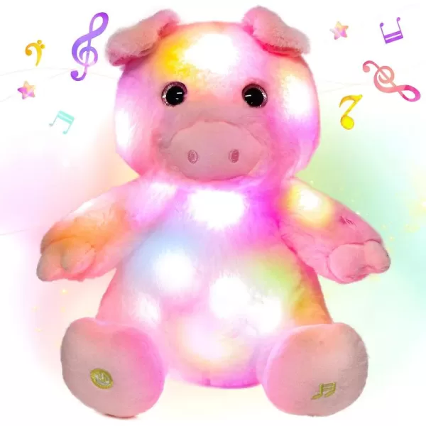 Hopearl LED Musical Stuffed Pig Lighting Up Singing Piggy Plush Toy Adjustable Volume Lullaby Animated Soothe Birthday Gifts for Kids Toddler Girls Pink 11