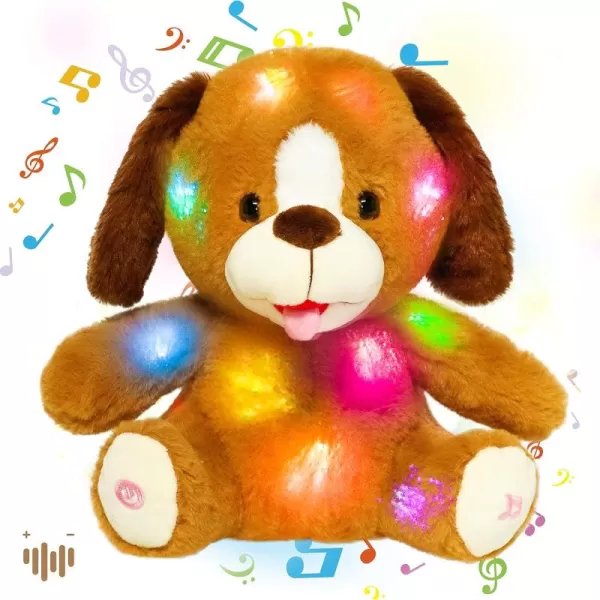 Hopearl LED Musical Stuffed Puppy Lighting Up Singing Plush Naughty Dog Adjustable Volume Lullaby Animated Soothe Birthday Festival for Kids Toddler Girls Brown 115