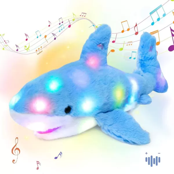 Hopearl LED Musical Stuffed Shark Lighting Up Singing Plush Toy Adjustable Volume Lullaby Animated Soothe Birthday Festival for Kids Toddler Girls Blue 11