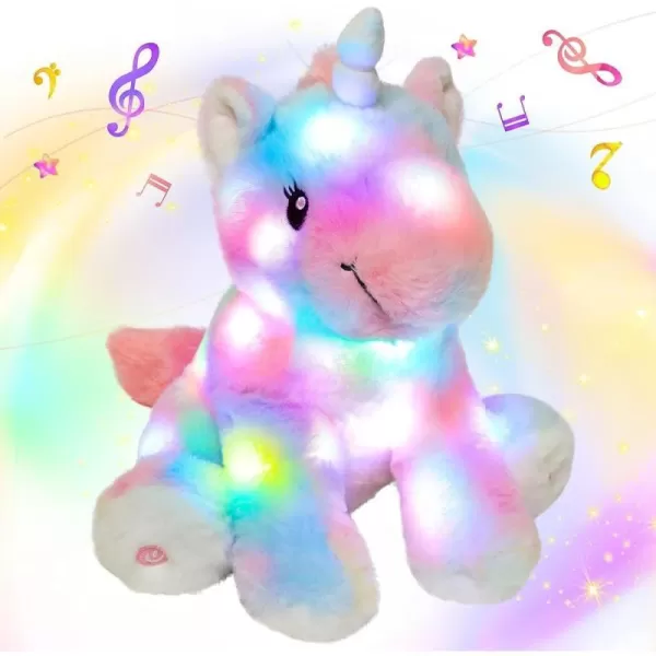 Hopearl LED Musical Stuffed Unicorn Colorful Lighting Up Singing Plush Toy Adjustable Volume Lullaby Animated Soothe Birthday Gifts for Kids Toddler Girls Rainbow 12
