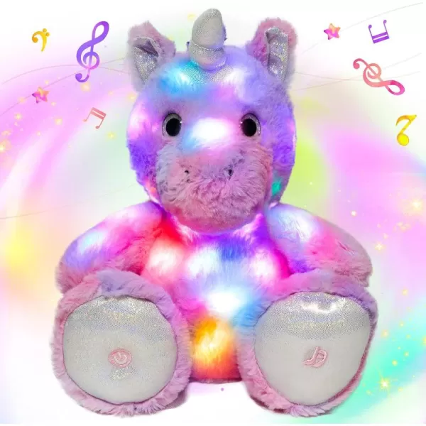 Hopearl LED Musical Stuffed Unicorn Lighting Up Singing Plush Toy Adjustable Volume Lullaby Animated Soothe Birthday Gifts for Kids Toddler Girls Purple 12