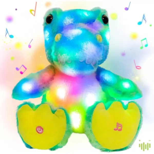 Hopearl LED Musical TRex Colorful Stuffed Dinosaur Lighting Up Singing Plush Toy Adjustable Volume Lullaby Animated Soothe Birthday Gifts for Kids Toddler Girls Magical Green and Blue 10