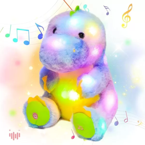 Hopearl LED Musical TRex Colorful Stuffed Girly Dinosaur Lighting Up Singing Plush Toy Adjustable Volume Lullaby Animated Soothe Birthday Festival for Kids Toddlers Rainbow 105