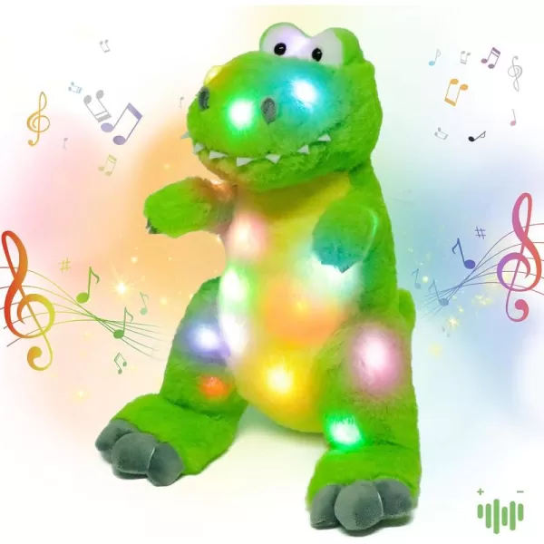 Hopearl LED Musical TRex Stuffed Dinosaur Lighting Up Singing Plush Toy Adjustable Volume Lullaby Animated Soothe Birthday Festival for Kids Toddler Girls Green 125