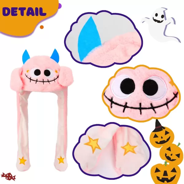 Hopearl Halloween Cute Ghost Hat with Ears Moving Jumping Pop Up Beating Monster Hat Plush Earflaps Holiday Cosplay Costume Dress Up Funny Gift for Kids Girls Pink 22