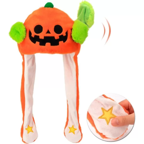 Hopearl Halloween Pumpkin Hat with Ears Moving Jumping Pop Up Beating Ghost Hat Plush Earflaps Holiday Cosplay Costume Dress Up Funny Gift for Kids Boys Girls Orange 22