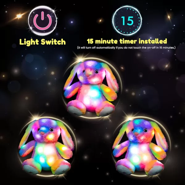 Hopearl LED Plush Bunny Colorful Lighting Up Stuffed Animal Rabbit Floppy Night Lights Glow in The Dark Birthday Festival for Kids Toddler Girls Rainbow 10