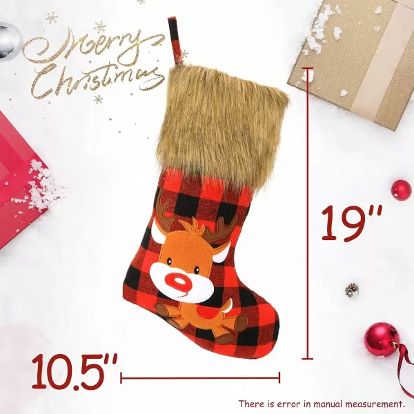 imageHopearl 19 Christmas Stockings Set of 4 Red Plaid Stocking with Reindeer Snowman Santa Claus Plush Faux Fur Cuff Gift Bag for Family Holiday Xmas Tree Party Decorations