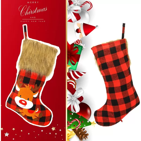 imageHopearl 19 Christmas Stockings Set of 4 Red Plaid Stocking with Reindeer Snowman Santa Claus Plush Faux Fur Cuff Gift Bag for Family Holiday Xmas Tree Party Decorations