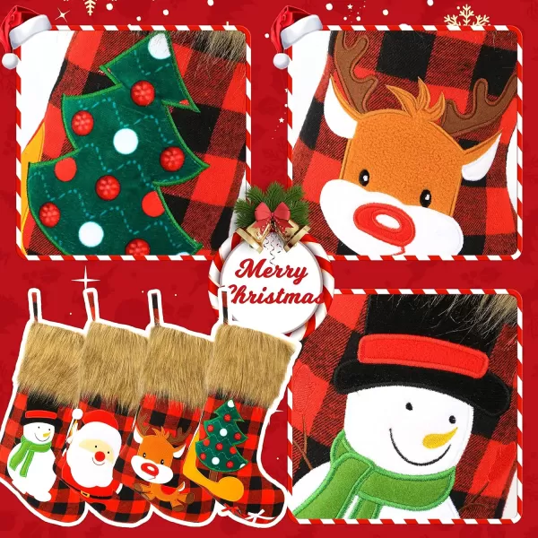 imageHopearl 19 Christmas Stockings Set of 4 Red Plaid Stocking with Reindeer Snowman Santa Claus Plush Faux Fur Cuff Gift Bag for Family Holiday Xmas Tree Party Decorations