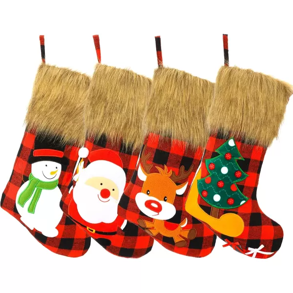 imageHopearl 19 Christmas Stockings Set of 4 Red Plaid Stocking with Reindeer Snowman Santa Claus Plush Faux Fur Cuff Gift Bag for Family Holiday Xmas Tree Party Decorations