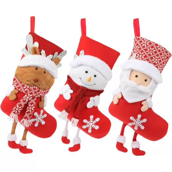 imageHopearl 3 Pcs Christmas Stockings Kit Cute Socks with Snowman Reindeer Father Christmas Ornament Gifts Bags for Family Xmas Tree Party Supplies Red 19