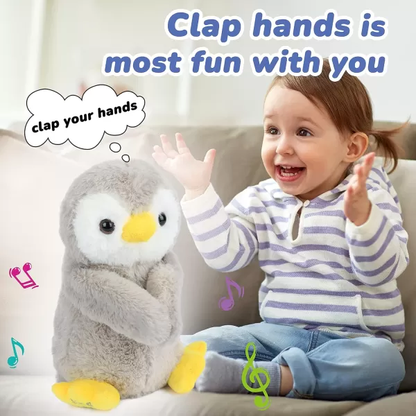 imageHopearl Clappy Penguin Interactive Musical Stuffed Animal Singing Plush Toy Adorable Electric Animate Birthday Festival for Kids Gray 10