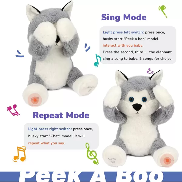 imageHopearl Peek A Boo Husky Interactive Repeats What You Say Plush Dog Toy Musical Singing Talking Stuffed Animal Adorable Electric Animate Birthday Festival Gray 115