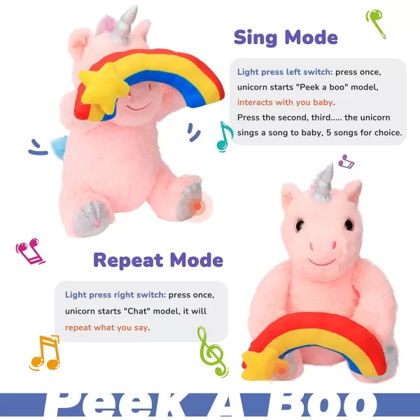 imageHopearl Peek A Boo Unicorn with Rainbow Interactive Repeats What You Say Plush Toy Musical Singing Talking Stuffed Animal Adorable Electric Animate Birthday Festival Pink 12