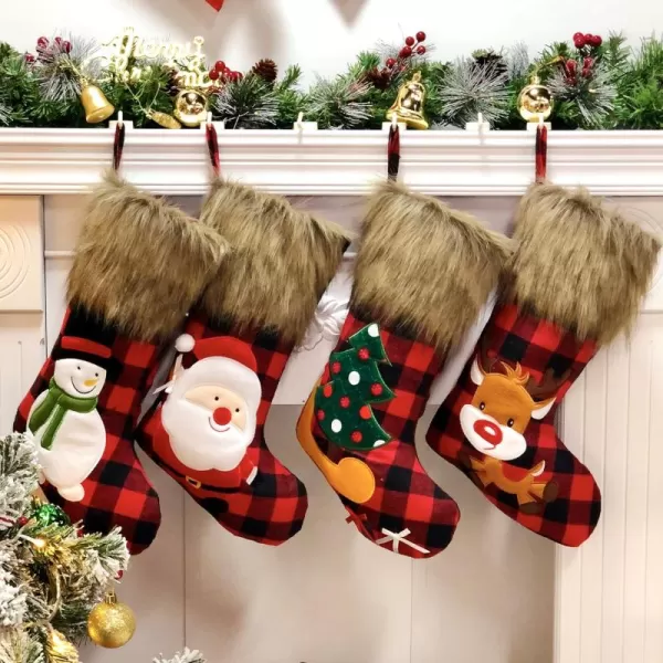 imageHopearl 19 Christmas Stockings Set of 4 Red Plaid Stocking with Reindeer Snowman Santa Claus Plush Faux Fur Cuff Gift Bag for Family Holiday Xmas Tree Party Decorations