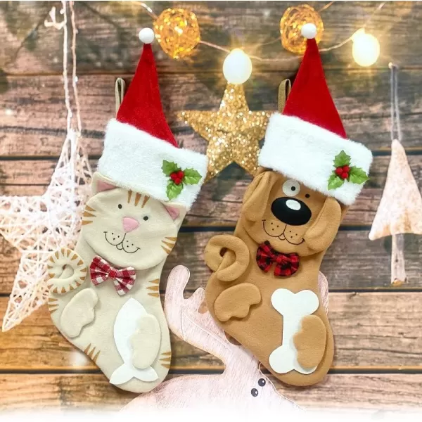 imageHopearl 18 Cat Christmas Stocking 3D Pet Holder Kitty Ornament Gift Bags for Pets Decoration Holiday Party Supply Seasonal Ornament Beige