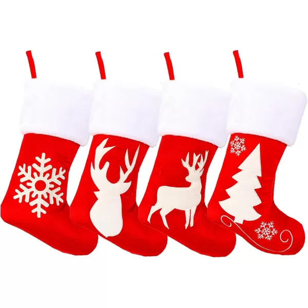 imageHopearl 19 Red Velvet Christmas Stockings Kit 4 Pcs Xmas Stocking Reindeer Snowflake Rustic Socks Holders Ornament Luxury Gifts Bags for Family Xmas Tree Party Supplies