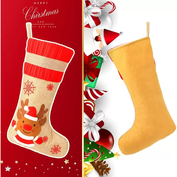 imageHopearl 21 Large Christmas Stockings Kit Set of 4 Santa Snowman Reindeer Rustic Flax Socks Stocking Ornament Gift Bags for Family Xmas Party Supplies