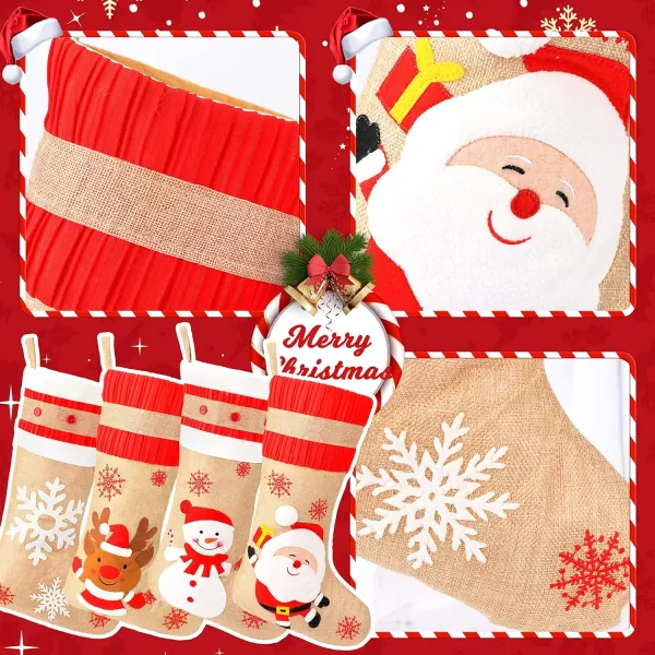 imageHopearl 21 Large Christmas Stockings Kit Set of 4 Santa Snowman Reindeer Rustic Flax Socks Stocking Ornament Gift Bags for Family Xmas Party Supplies