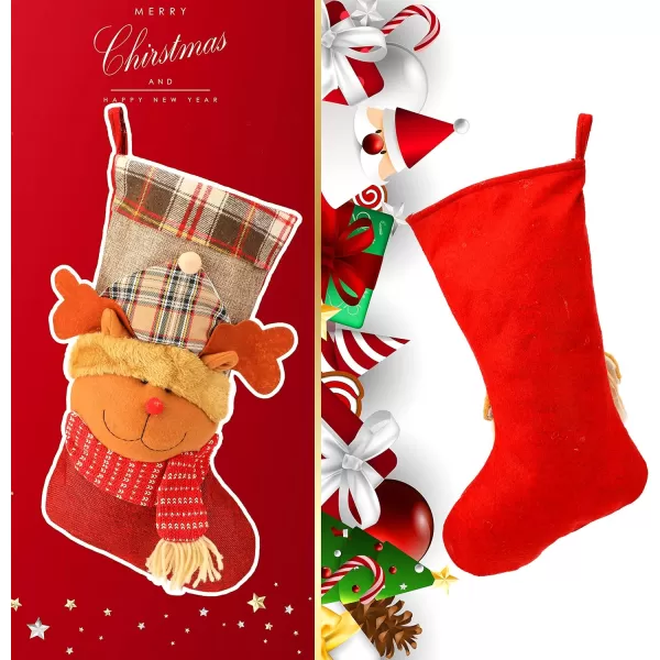 imageHopearl 3 Pcs Christmas Stockings 20 Large Stocking Set with 3D Snowman Santa Claus Deer Socks with Plush Cuff Flax Gift Bags for Kids Holiday Fireplace Hanging Xmas Party Decorations