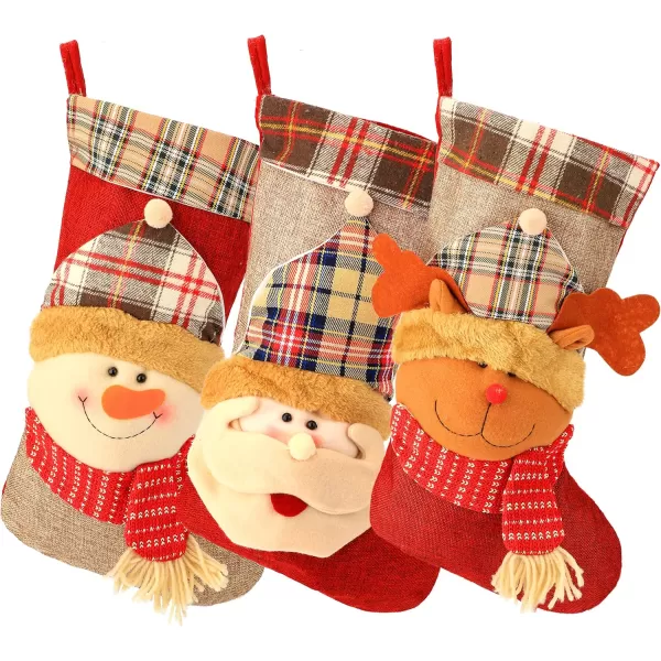 imageHopearl 3 Pcs Christmas Stockings 20 Large Stocking Set with 3D Snowman Santa Claus Deer Socks with Plush Cuff Flax Gift Bags for Kids Holiday Fireplace Hanging Xmas Party Decorations