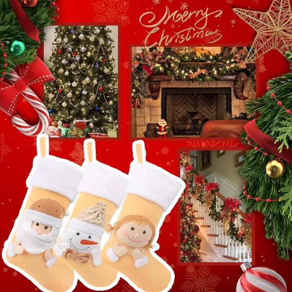 imageHopearl 3 Pcs Christmas Stockings Kit Cute Socks with Girl Snowman Father Christmas Ornament Gifts Bags for Family Xmas Tree Party Supplies Beige 19