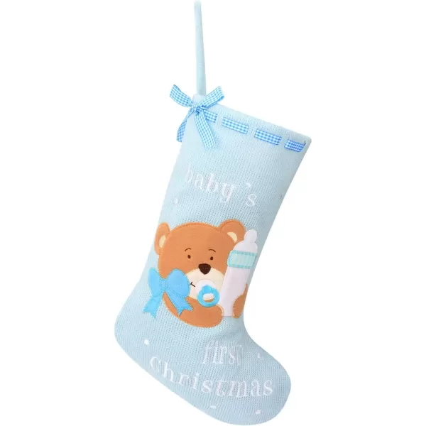 imageHopearl Baby Christmas Stocking for Baby 1st Year Xmas Sock Knitted Cute Bear Sock Ornament Gift Bag for Baby Boy Family Xmas Tree Party Supplies Blue 18