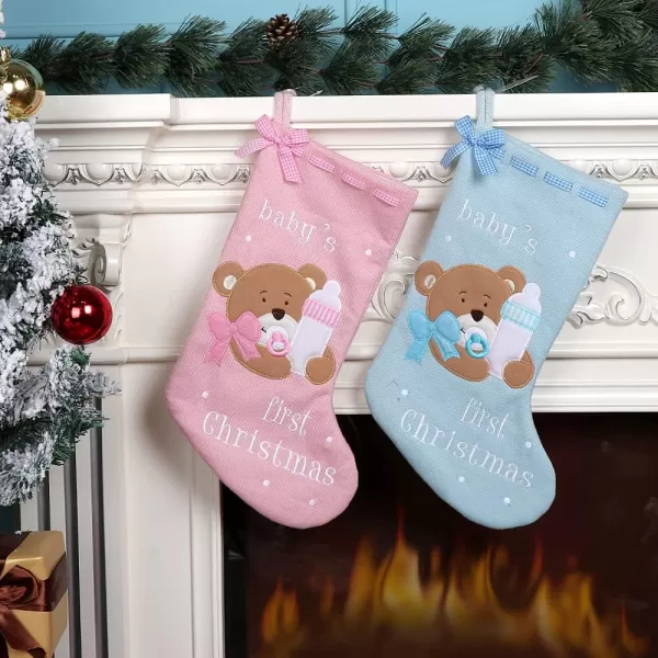 imageHopearl Baby Christmas Stocking for Baby 1st Year Xmas Sock Knitted Cute Bear Sock Ornament Gift Bag for Baby Boy Family Xmas Tree Party Supplies Blue 18