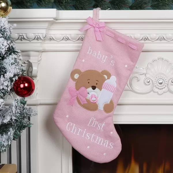 imageHopearl Baby Christmas Stocking for Baby 1st Year Xmas Sock Knitted Cute Bear Sock Ornament Gift Bag for Baby Girl Family Xmas Tree Party Supplies Pink 18