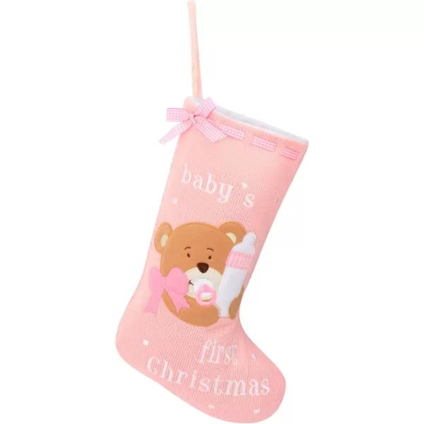 imageHopearl Baby Christmas Stocking for Baby 1st Year Xmas Sock Knitted Cute Bear Sock Ornament Gift Bag for Baby Girl Family Xmas Tree Party Supplies Pink 18