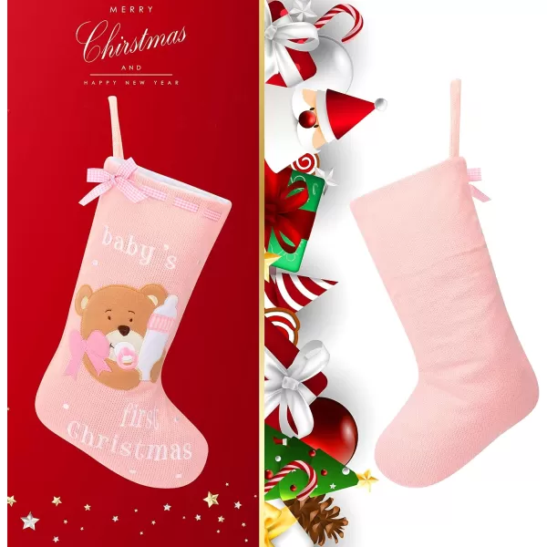 imageHopearl Baby Christmas Stocking for Baby 1st Year Xmas Sock Knitted Cute Bear Sock Ornament Gift Bag for Baby Girl Family Xmas Tree Party Supplies Pink 18