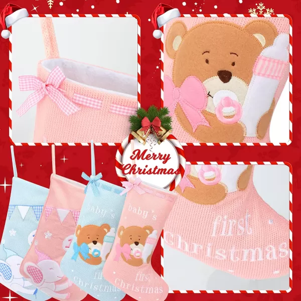 imageHopearl Baby Christmas Stocking for Baby 1st Year Xmas Sock Knitted Cute Bear Sock Ornament Gift Bag for Baby Girl Family Xmas Tree Party Supplies Pink 18