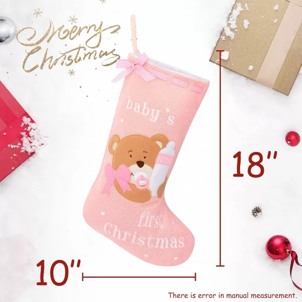 imageHopearl Baby Christmas Stocking for Baby 1st Year Xmas Sock Knitted Cute Bear Sock Ornament Gift Bag for Baby Girl Family Xmas Tree Party Supplies Pink 18