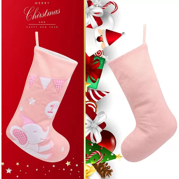 imageHopearl Baby Christmas Stocking for Baby 1st Year Xmas Sock Knitted Cute Elephant Sock Ornament Gift Bag for Baby Girl Family Xmas Tree Party Supplies Pink 18