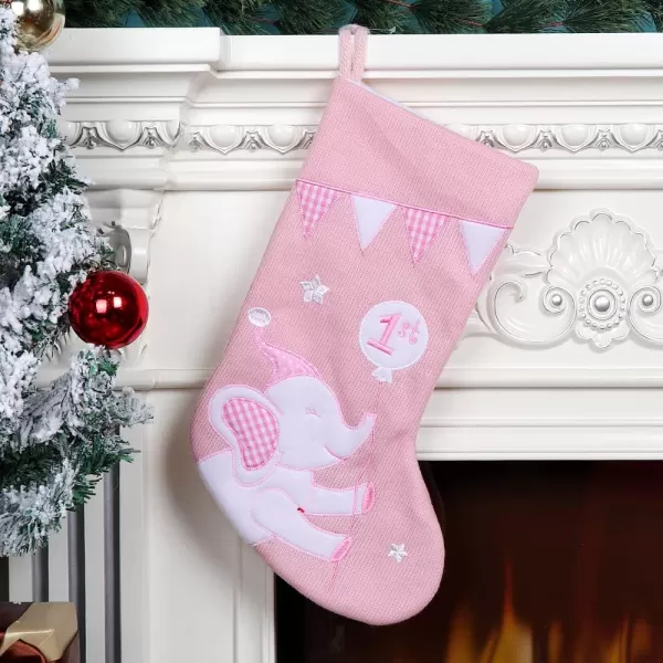 imageHopearl Baby Christmas Stocking for Baby 1st Year Xmas Sock Knitted Cute Elephant Sock Ornament Gift Bag for Baby Girl Family Xmas Tree Party Supplies Pink 18