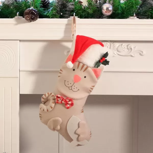 imageHopearl 18 Cat Christmas Stocking 3D Pet Holder Kitty Ornament Gift Bags for Pets Decoration Holiday Party Supply Seasonal Ornament Beige