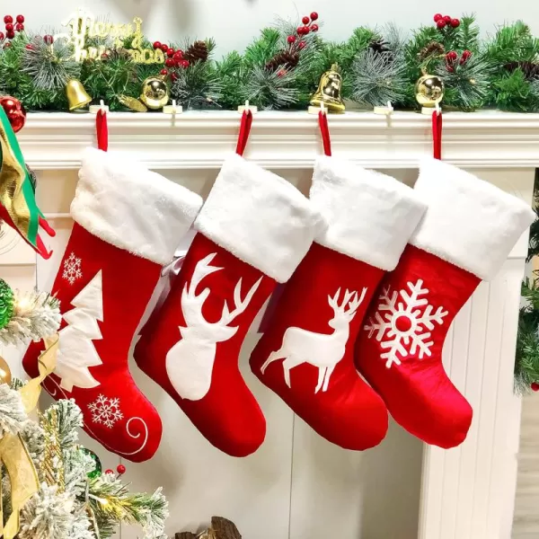 imageHopearl 19 Red Velvet Christmas Stockings Kit 4 Pcs Xmas Stocking Reindeer Snowflake Rustic Socks Holders Ornament Luxury Gifts Bags for Family Xmas Tree Party Supplies